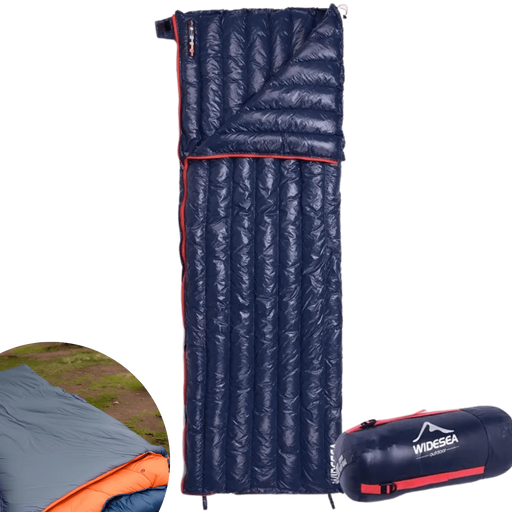 Sac de couchage en plume d'oie pour camping, léger et compact, avec sac de transport inclus.