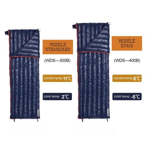 Sac de couchage en plume d'oie pour le camping, modèles standard et épais, confort thermique de 11°C à 6°C, pour les nuits froides.