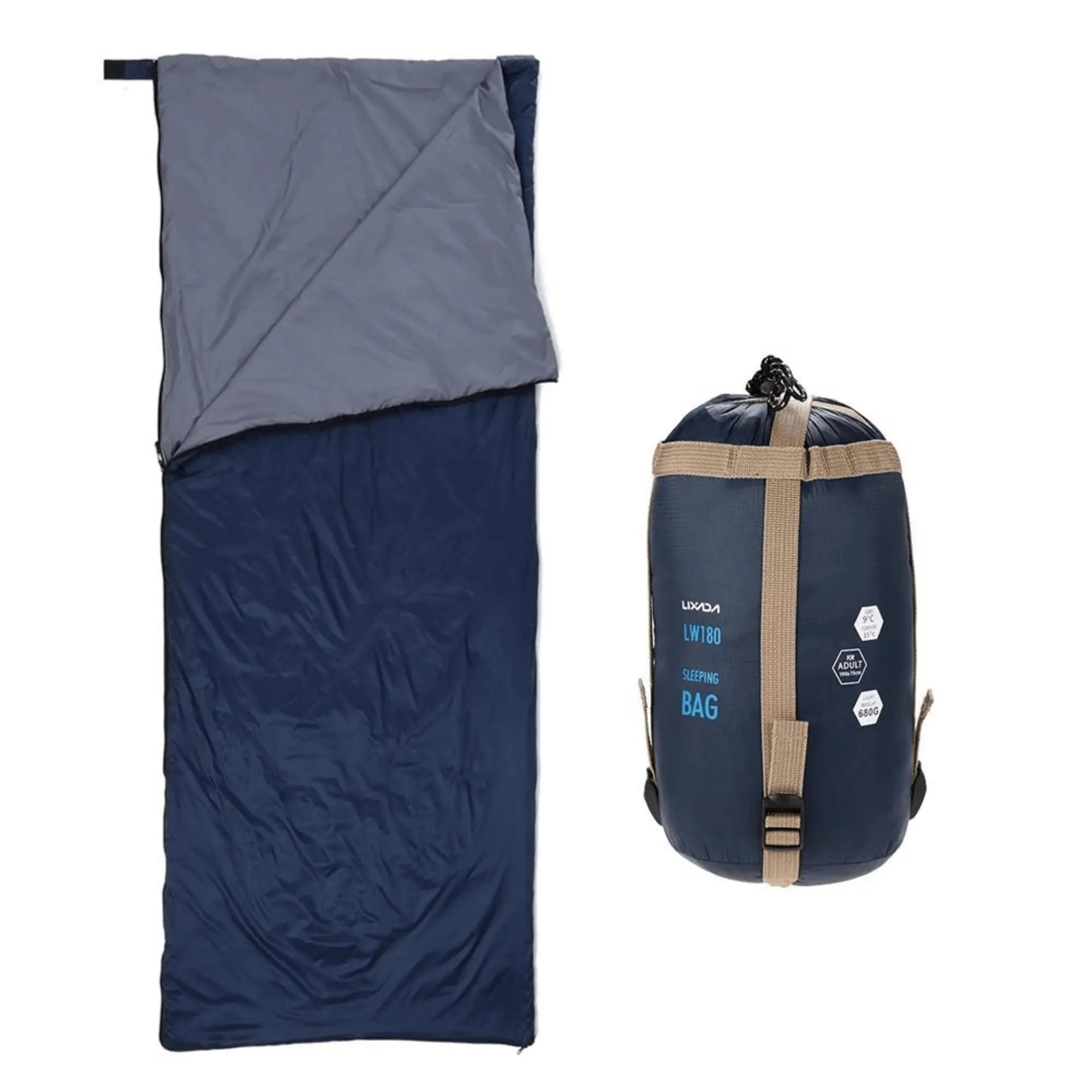Blue ultralight outdoor enveloping sleeping bag with drawstring bag, size 190 * 75cm, ideal for camping and hiking.
