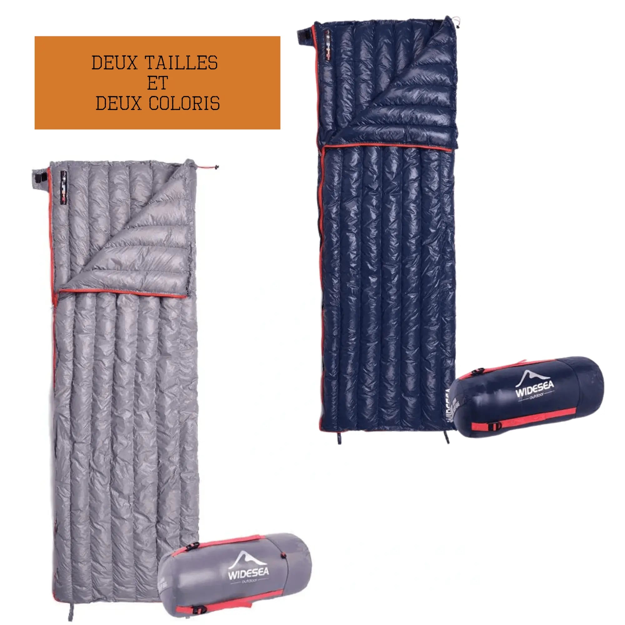 Sac de couchage en plume d'oie pour camping, disponible en deux tailles et couleurs, idéal pour confort et chaleur lors de randonnées.