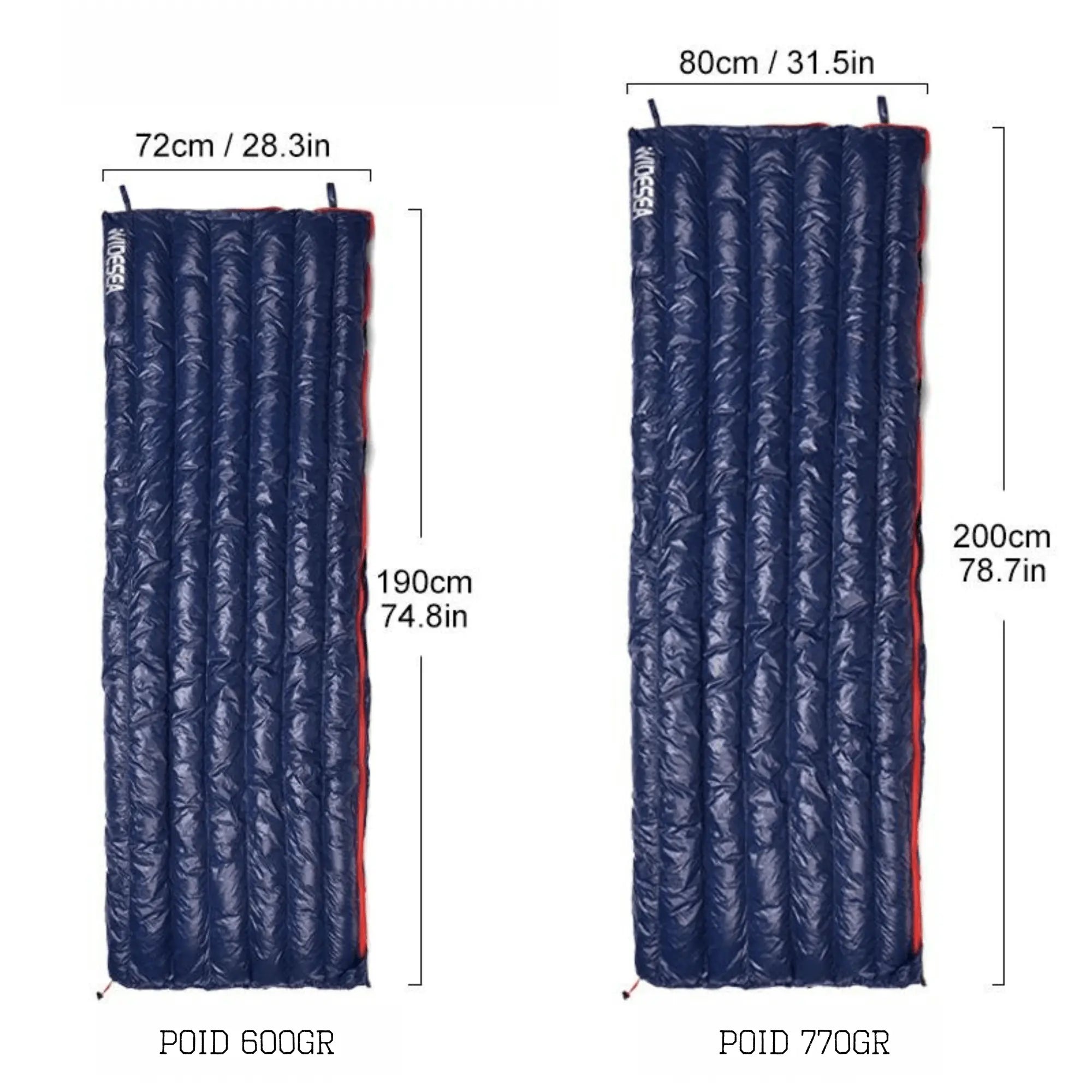 Sac de couchage en plume d'oie, dimensions 72x190cm et 80x200cm, léger et compact pour camping et randonnée, 600g et 770g.