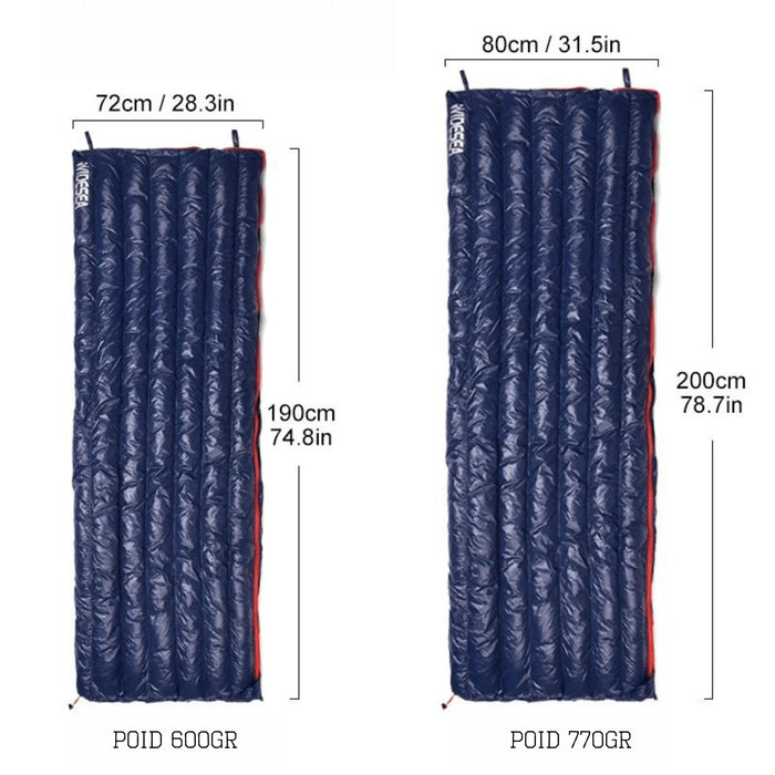 Sac de couchage en plume d'oie, dimensions 72x190 cm et 80x200 cm, léger et compact pour le camping et la randonnée, 600 g et 770 g.