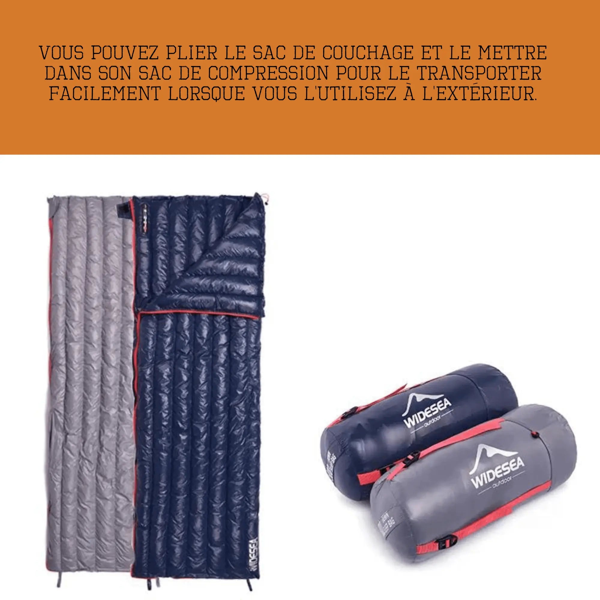 Sac de couchage en plume d'oie avec sacs de compression, idéal pour le camping et la randonnée, compact et léger pour un transport facile.