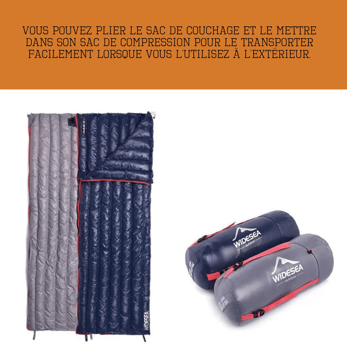 Sac de couchage en plumes d'oie avec sacs de compression, idéal pour le camping et la randonnée, compact et léger pour un transport facile.