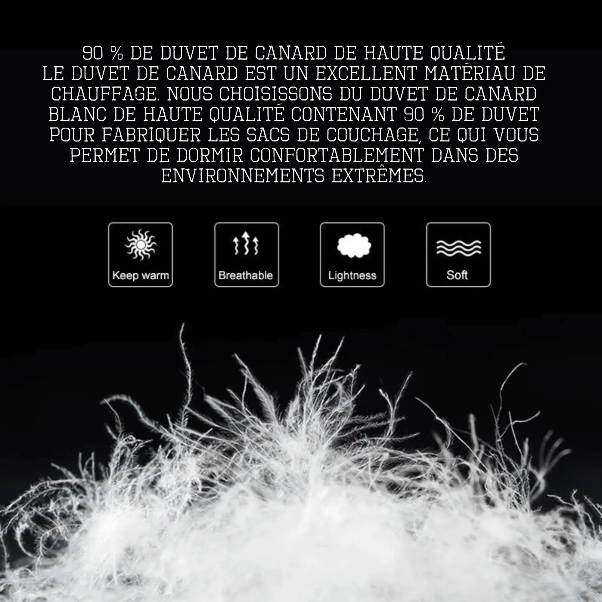 Close-up of high-quality duck down feathers used for warm, breathable, lightweight, and soft sleeping bags, suitable for extreme environments.