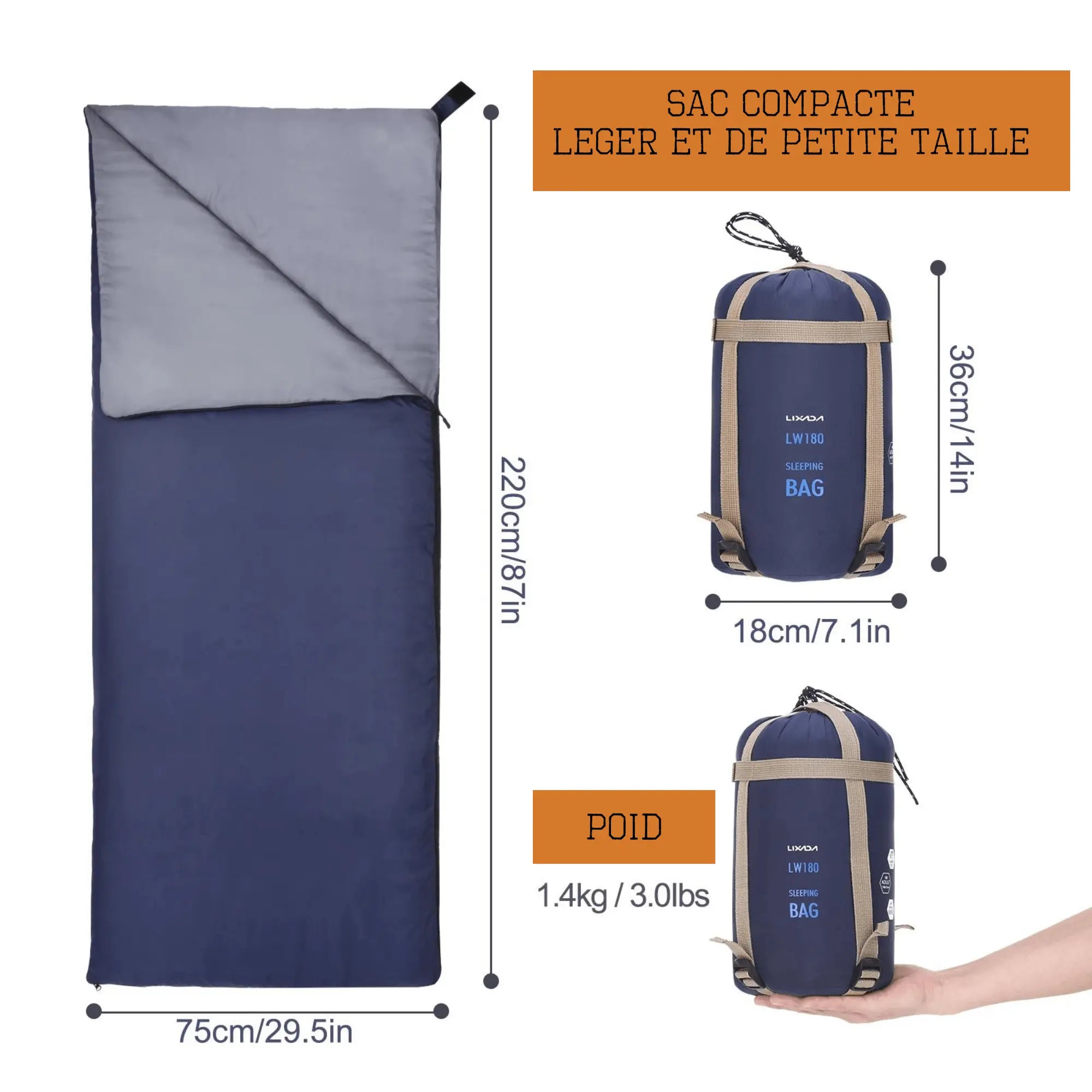 Ultralight outdoor sleeping bag with compact size, dimensions 220cm x 75cm, weight 1.4kg, shown packed and unpacked.