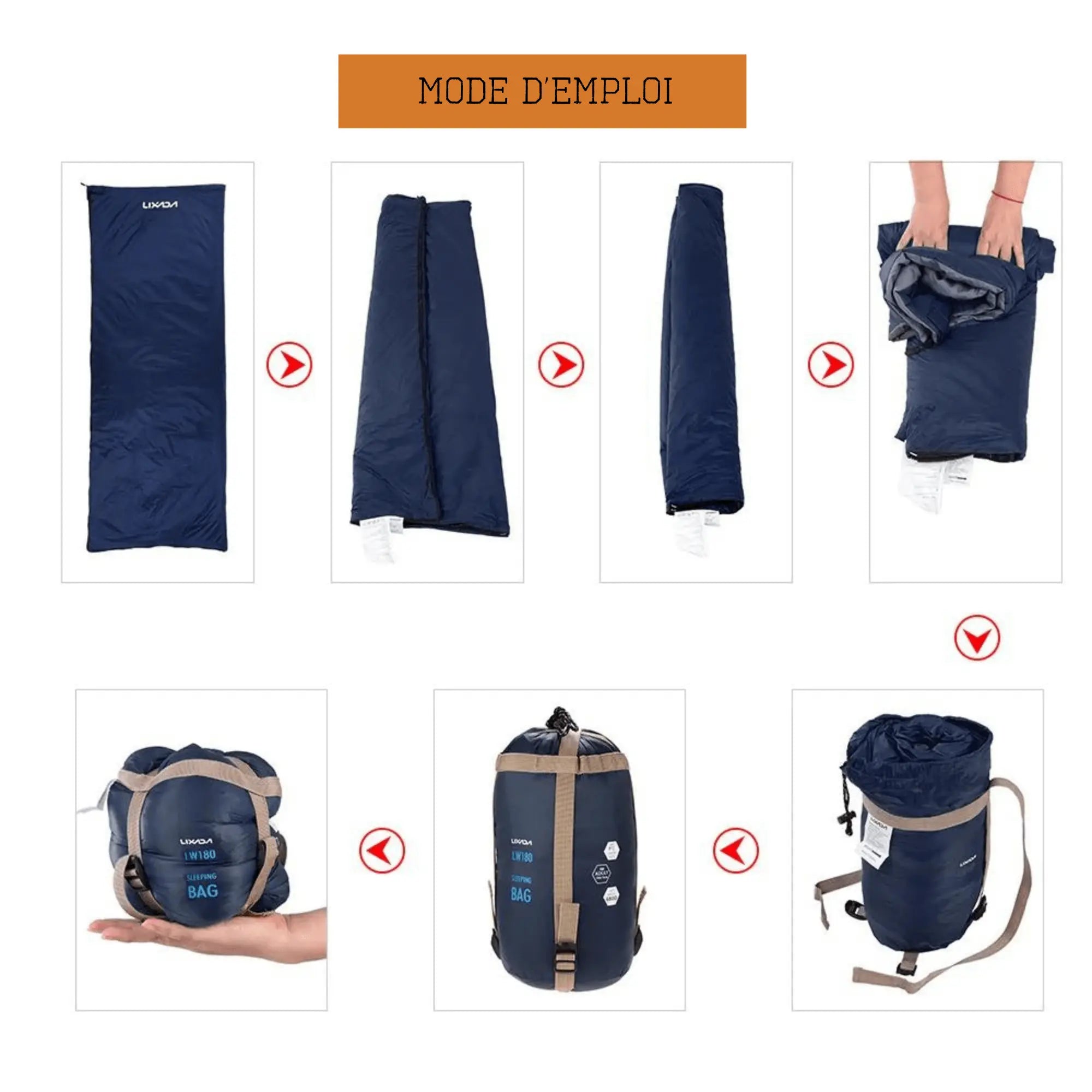 Guide pliage sac de couchage ultraléger enveloppant bleu 190x75cm, compact pour le camping et la randonnée