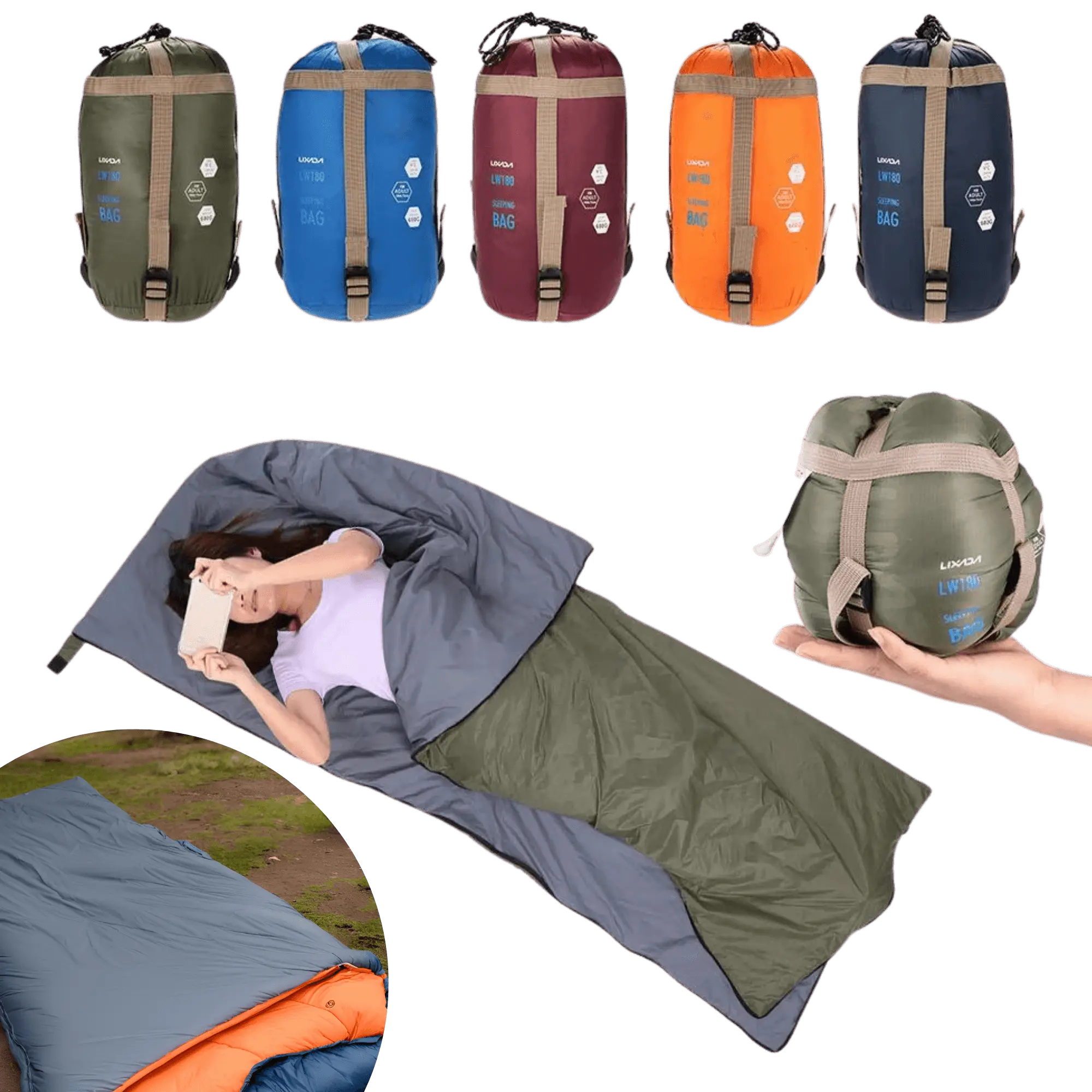 Ultralight outdoor sleeping bag, 190x75cm, shown in various colors, unfolded with person inside for outdoor camping, packable size.