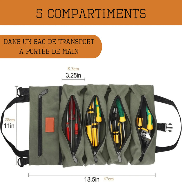 Sac de rangement pliable avec 5 compartiments pour outils, idéal pour organiser le camping et les voyages.