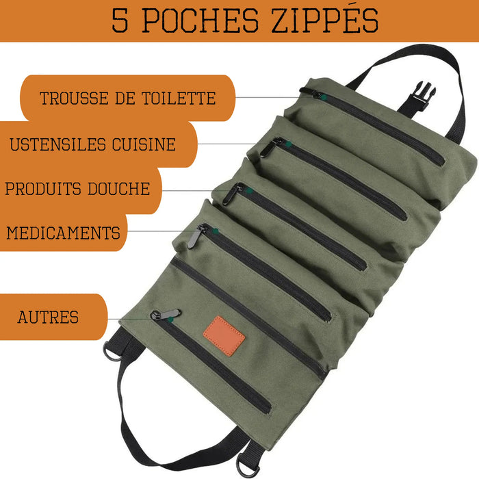 Sac de rangement pliable avec 5 poches zippées pour l'organisation en camping et en voyage.