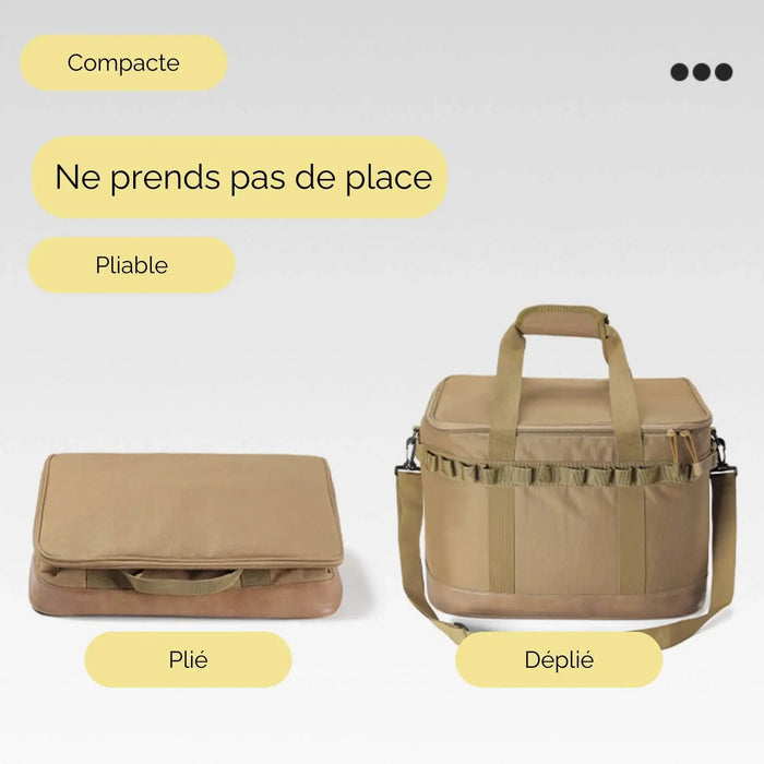 Boîte de transport pliante compacte avec armature métallique, montrée en position pliée et dépliée pour camping et rangement pratique.