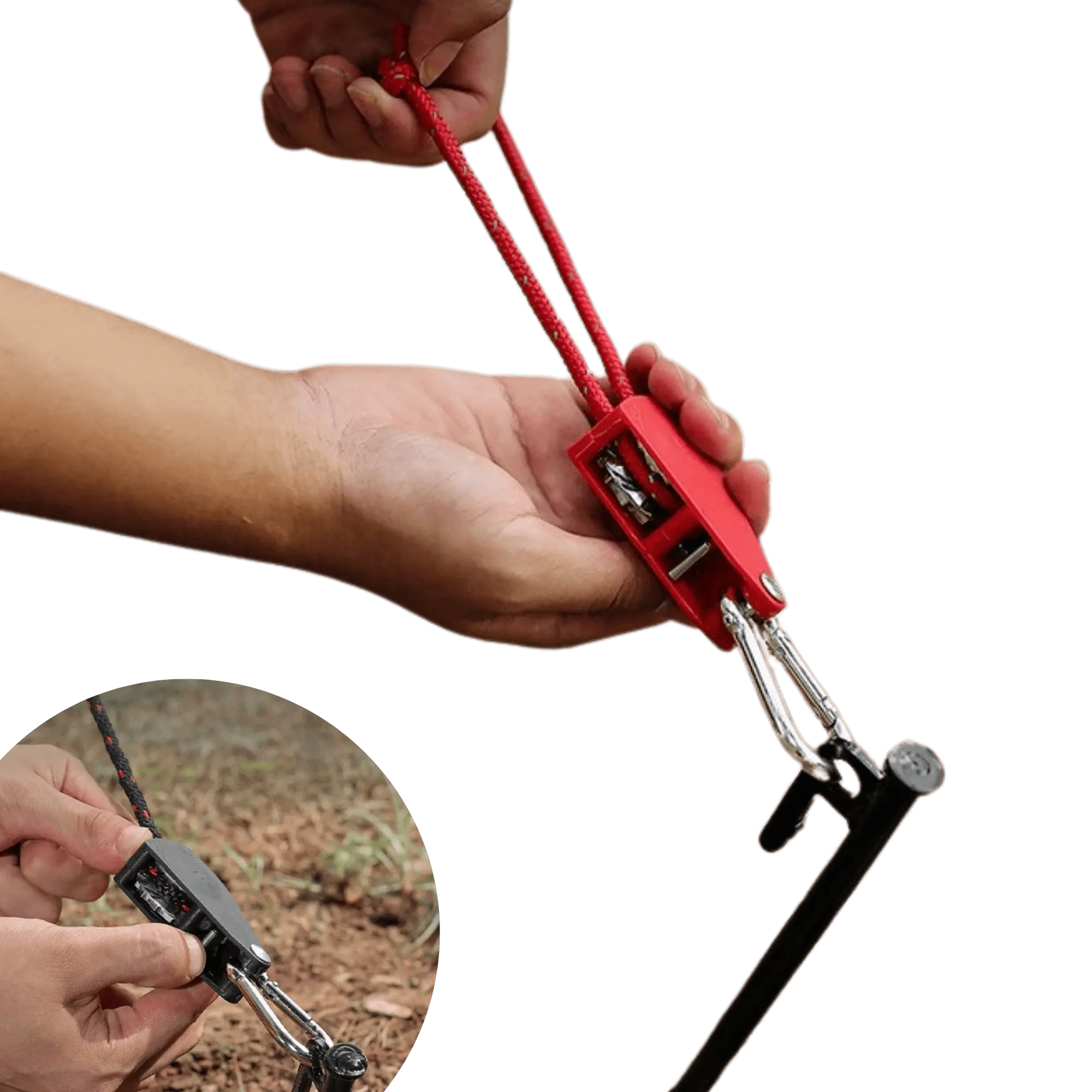 Person using a 5-meter anti-wind rope clamp with pulley for camping to secure tent stability outdoors.