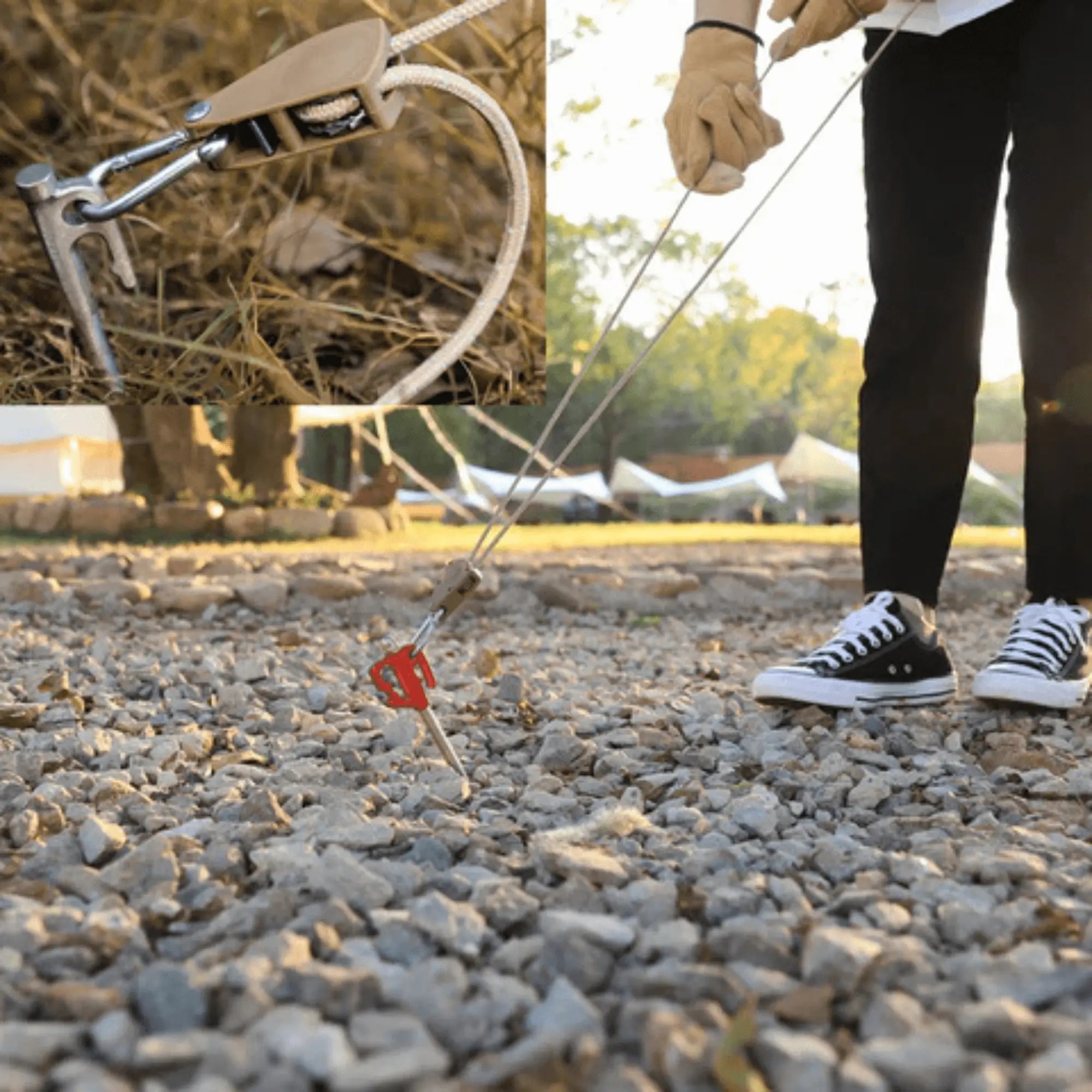 Person using serre-corde anti-vent with pulley for tent stability in outdoor camping setup.