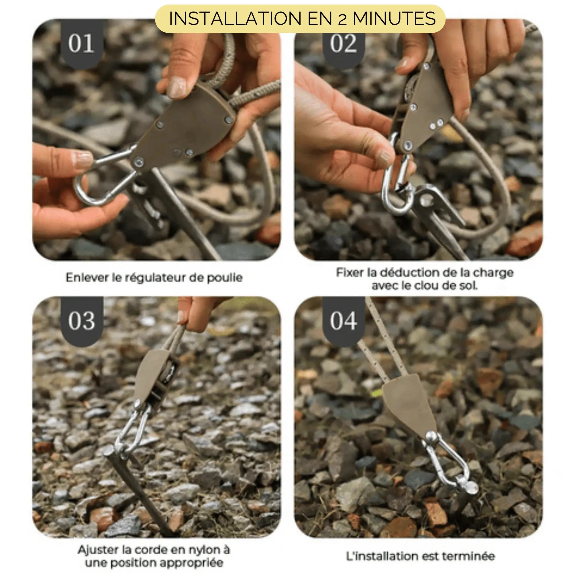Installation rapide d'un serre-corde anti-vent avec poulie pour camping, étapes illustrées en 2 minutes. Stabilité pour tentes et auvents.