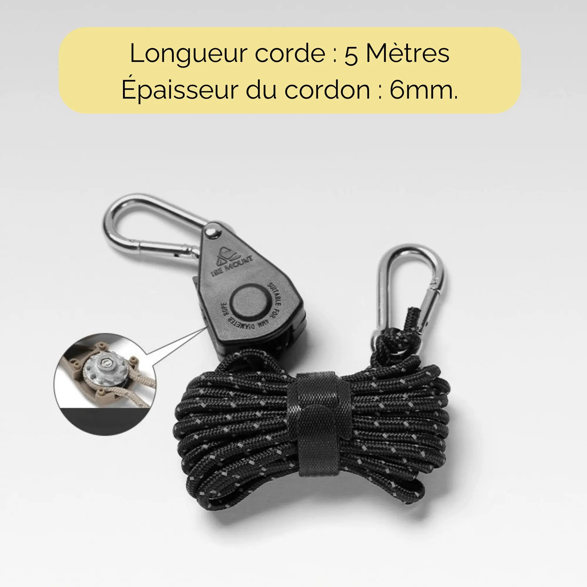 Serre-corde anti-vent avec poulie, 5 mètres de corde, 6mm, parfait pour camping et plein air, stabilisation sûre des équipements.