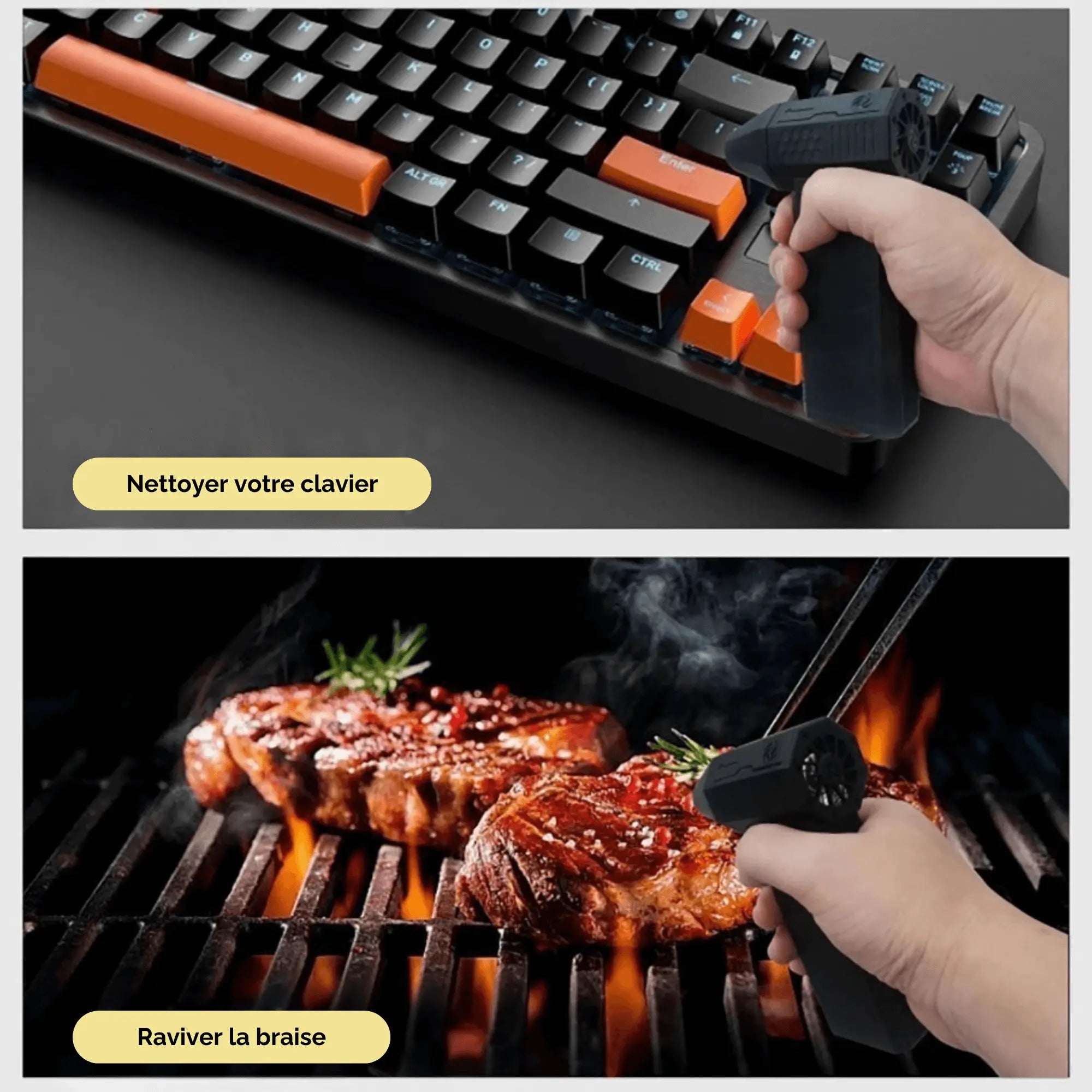 Portable high-power blower for cleaning a keyboard and enhancing grill flames, versatile camping tool.
