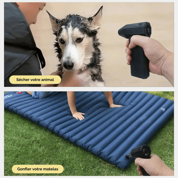 Souffleur portable haute puissance séchant un chien mouillé et gonflant un matelas, idéal pour le camping et l'entretien du matériel.