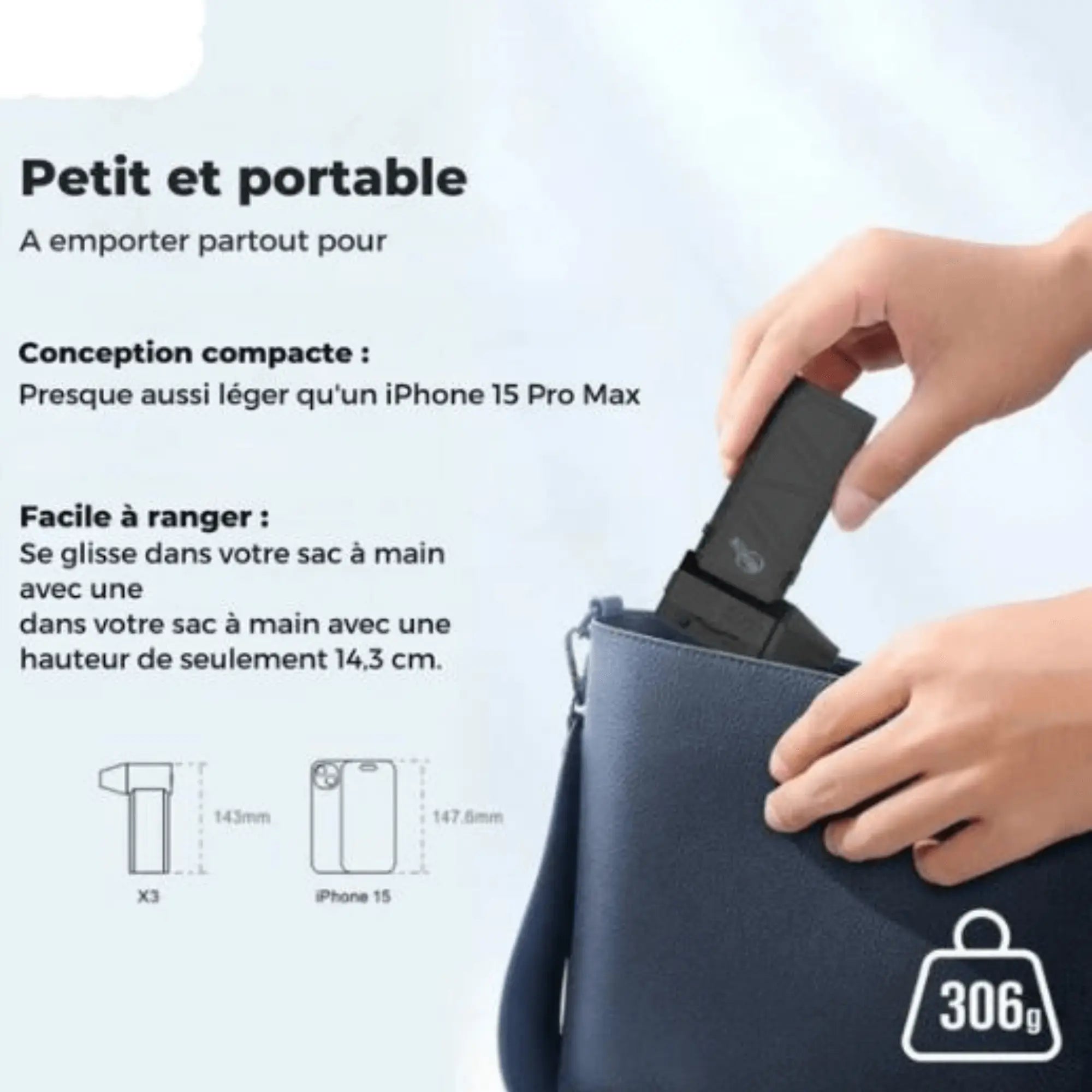 Souffleur portable inséré dans un sac à main, design compact et léger, facile à ranger, presque aussi léger qu'un iPhone 15 Pro Max.