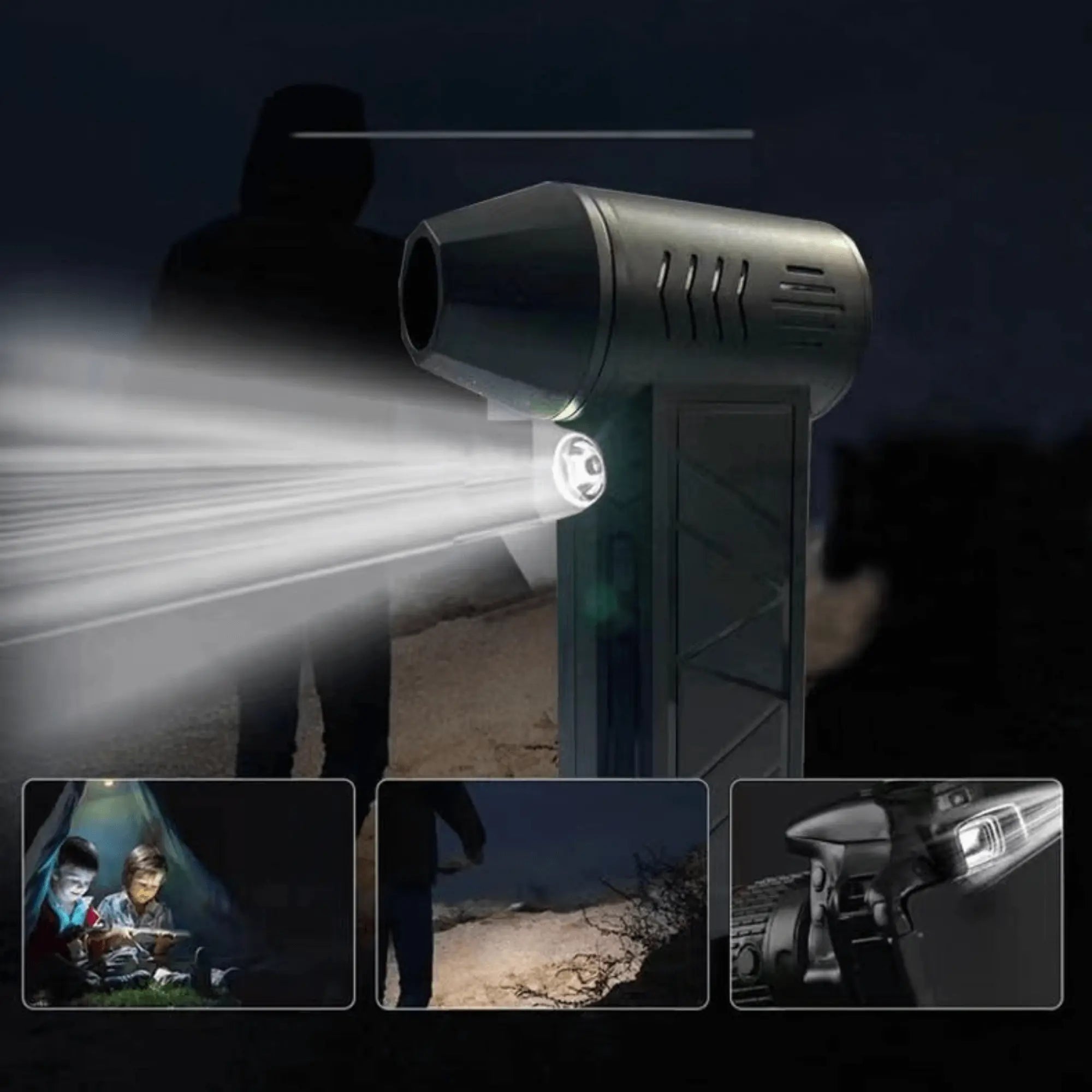 Souffleur de camping portable haute puissance avec LEDs pour sécher tentes et auvents. Idéal camping, road trips, éviter moisissure.