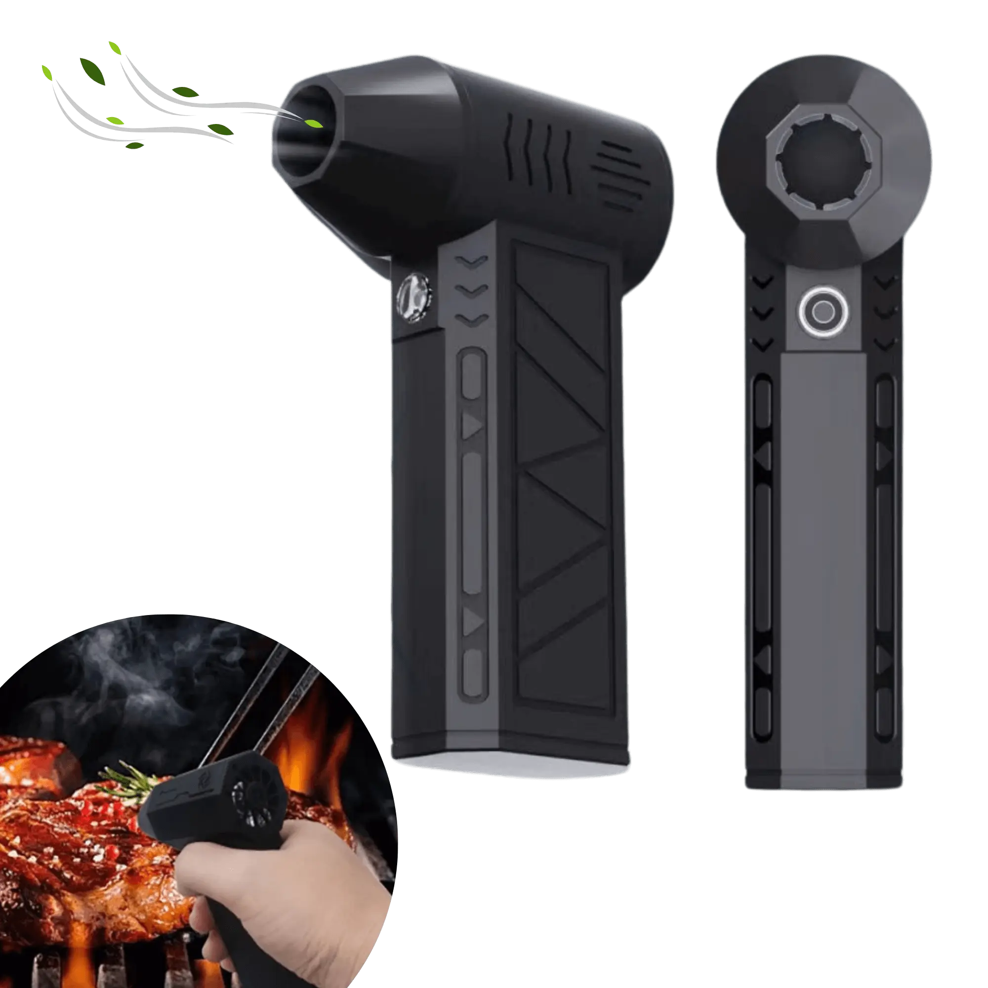 Portable camping blower with high power LEDs, ideal for drying tents and gear, shown with BBQ usage insert.