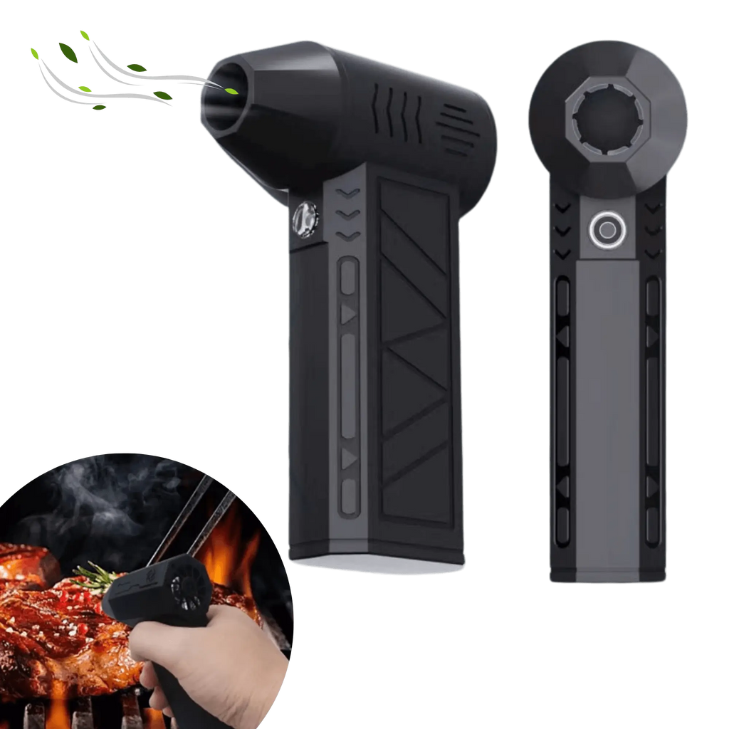 Portable camping blower with high power LEDs, ideal for drying tents and gear, shown with BBQ usage insert.