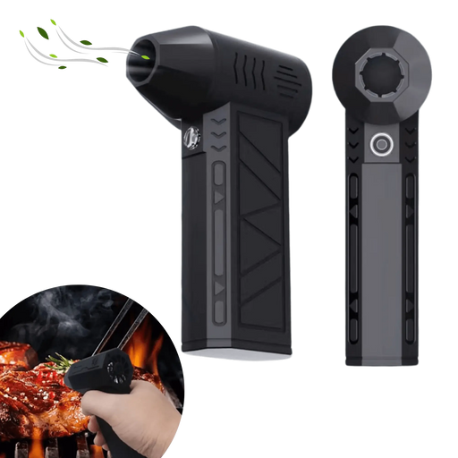 Souffleur de camping portable avec LEDs haute puissance, idéal pour sécher les tentes et le matériel, montré avec un insert pour utilisation barbecue.