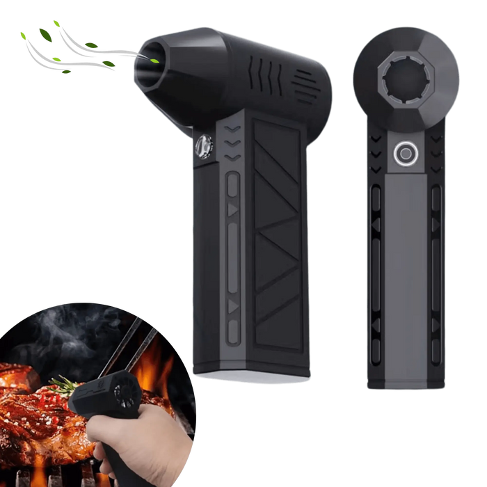 Souffleur de camping portable avec LEDs haute puissance, idéal pour sécher les tentes et le matériel, montré avec un insert pour utilisation barbecue.