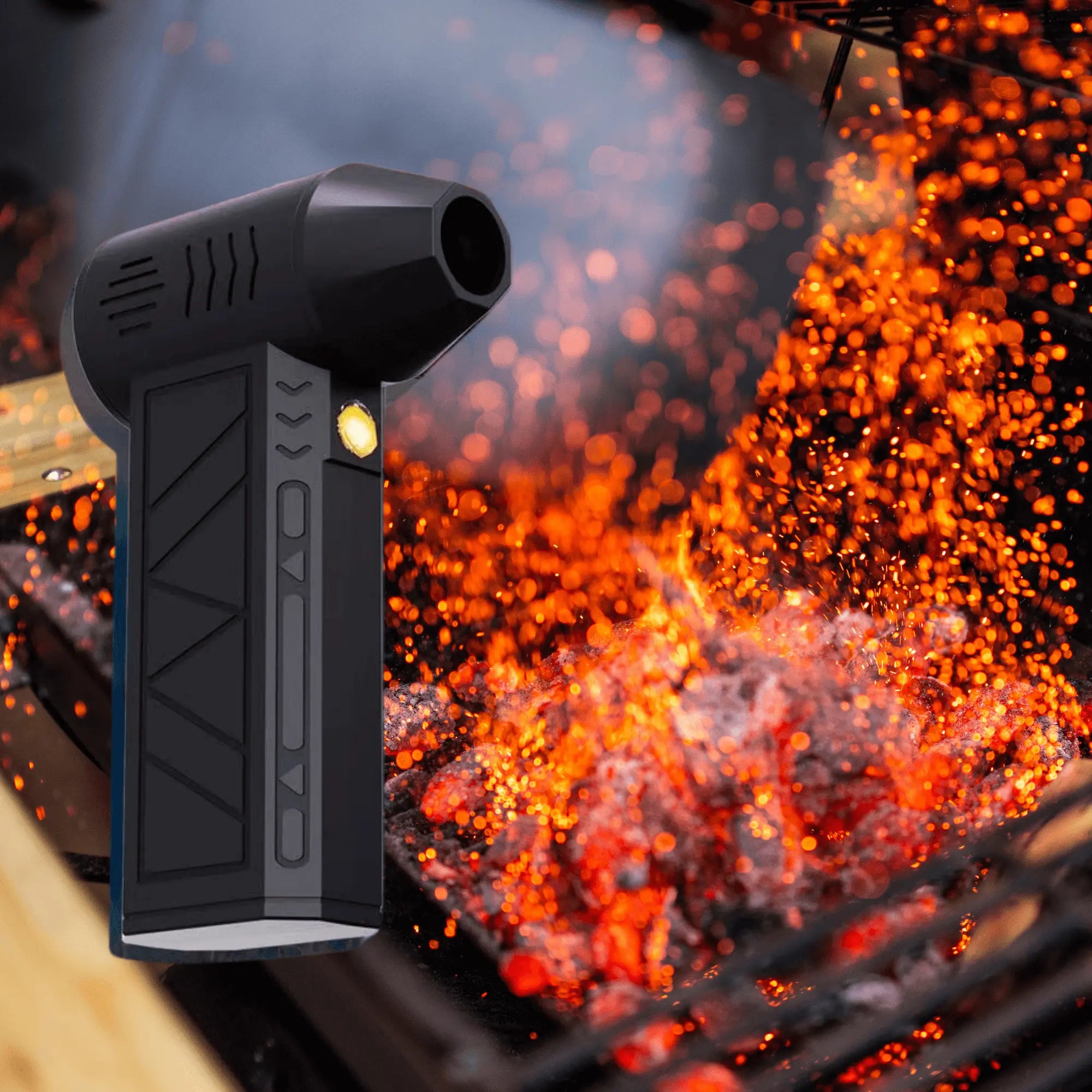 Portable high-power camping blower with LEDs for drying tents and equipment, featured with glowing campfire background.