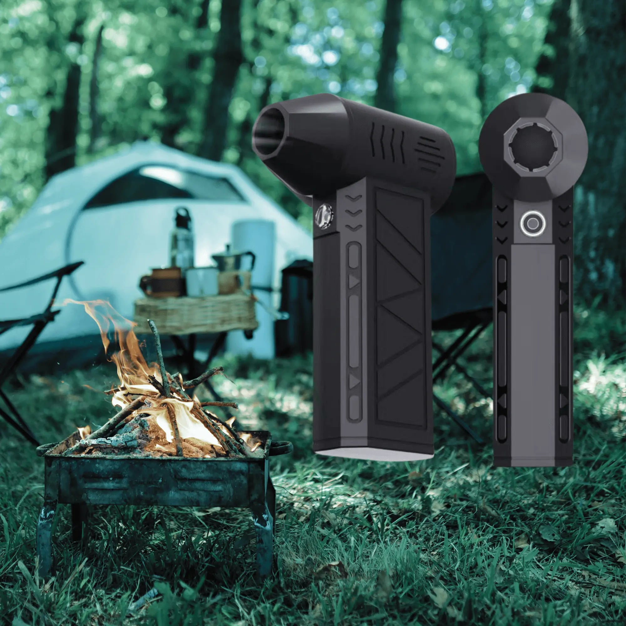 Portable high-power camping blower with LEDs for tent drying and equipment maintenance, shown in a forest camping setup.