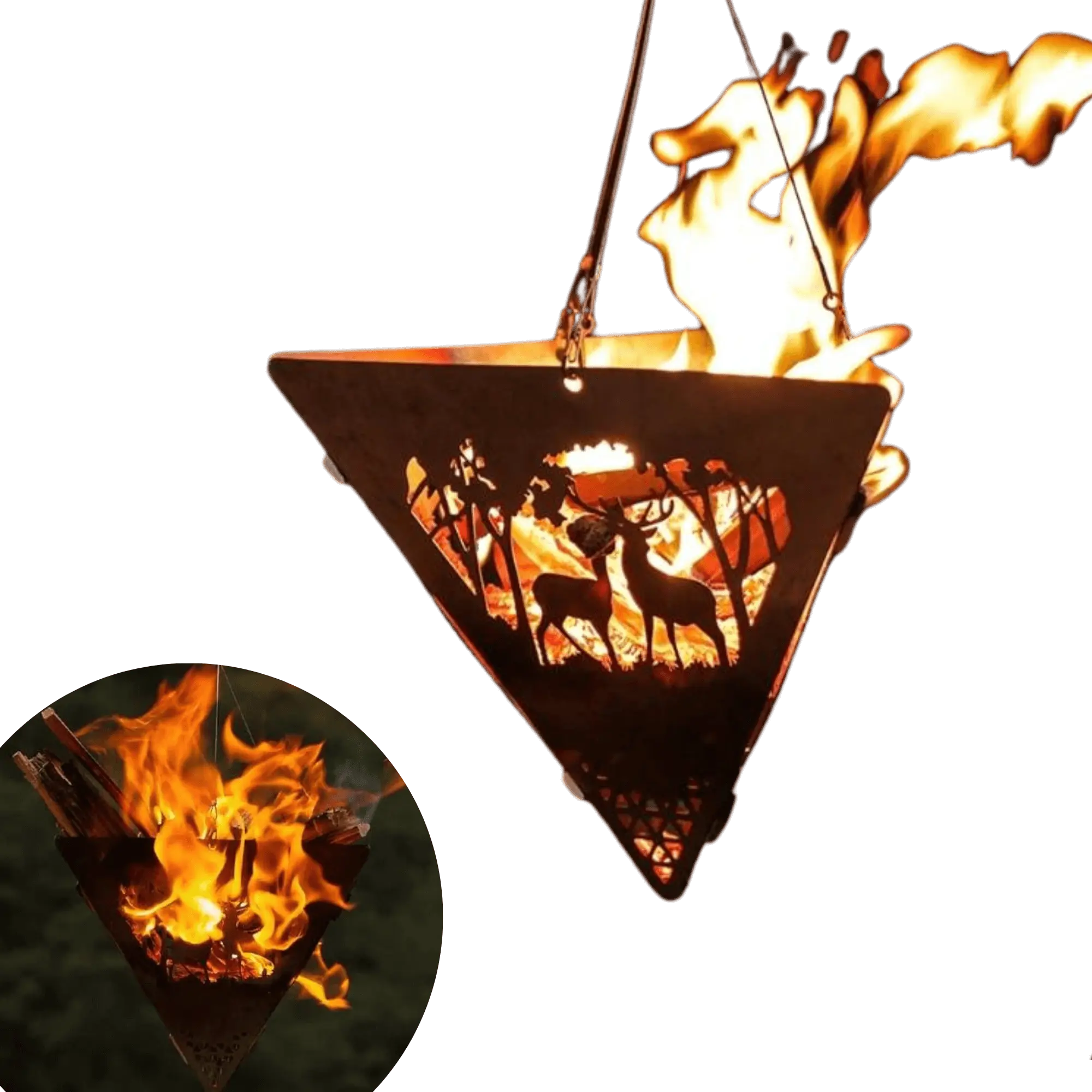 Triangular camping fire pit with suspension, designed for portable outdoor barbecue, featuring durable stainless steel construction.