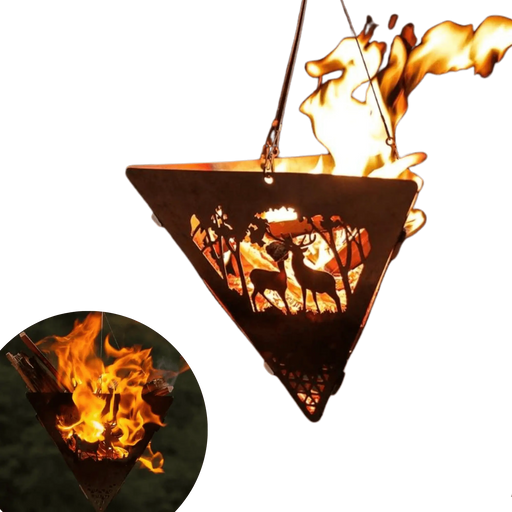 Pit à feu triangulaire avec suspension, conçu pour le barbecue extérieur portable, en acier inoxydable durable.