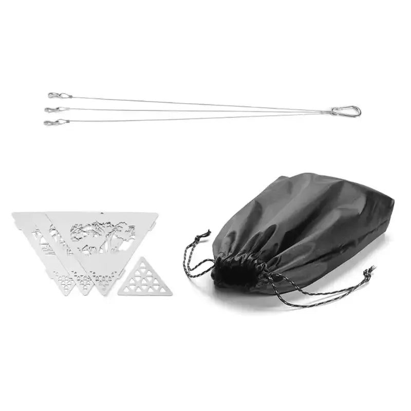Triangular camping fire suspension kit with stainless steel frame, detachable design, and storage bag for outdoor cooking.