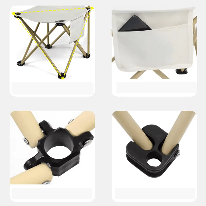 Table et chaise de camping portables, pliables, avec gros plan sur les joints en aluminium léger et poche de rangement en tissu.