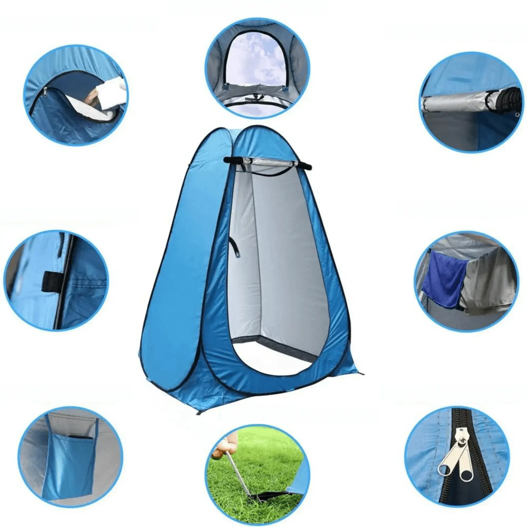 Tente de douche camping pliable bleue pour extérieur, idéale pour salle de bain privée, pot de camping et douches en plein air.