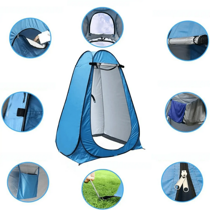 Tente de douche pour camping pliable bleue, idéale pour une salle de bain privée, des toilettes de camping et des douches en plein air.