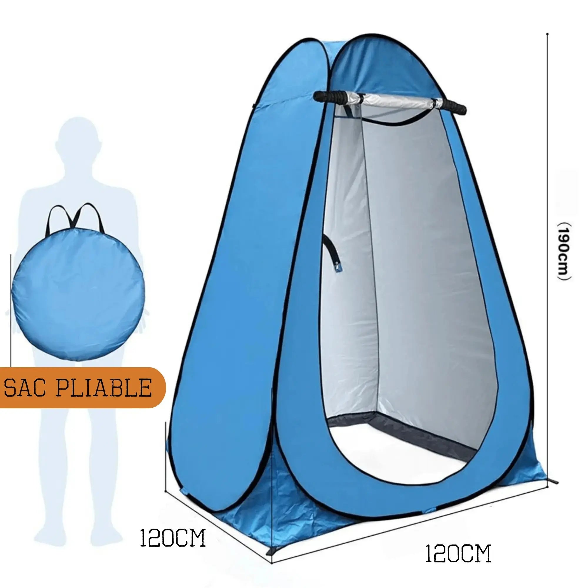 Blue foldable outdoor camping shower tent with carrying bag, measuring 120cm x 120cm x 190cm, perfect for privacy in travel.