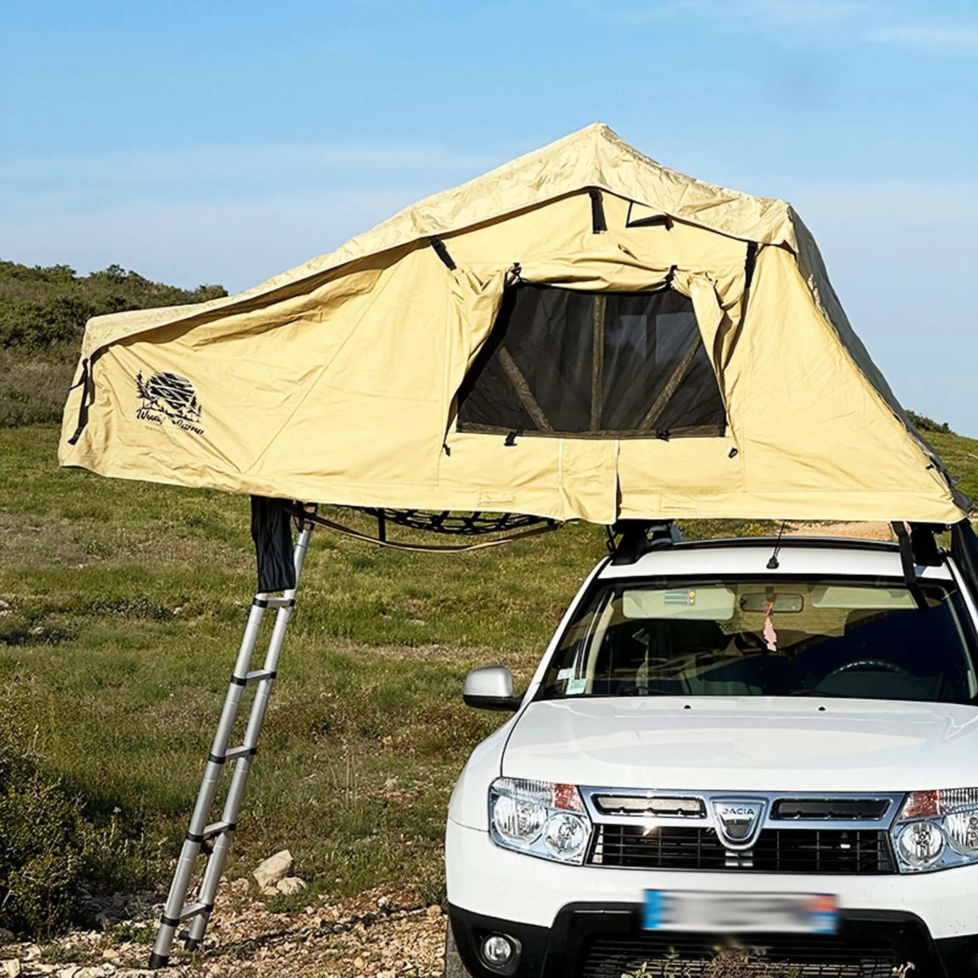 Yellow soft rooftop tent on a car, ideal for camping trips with family or friends, accommodates 2-3 people, easy setup.