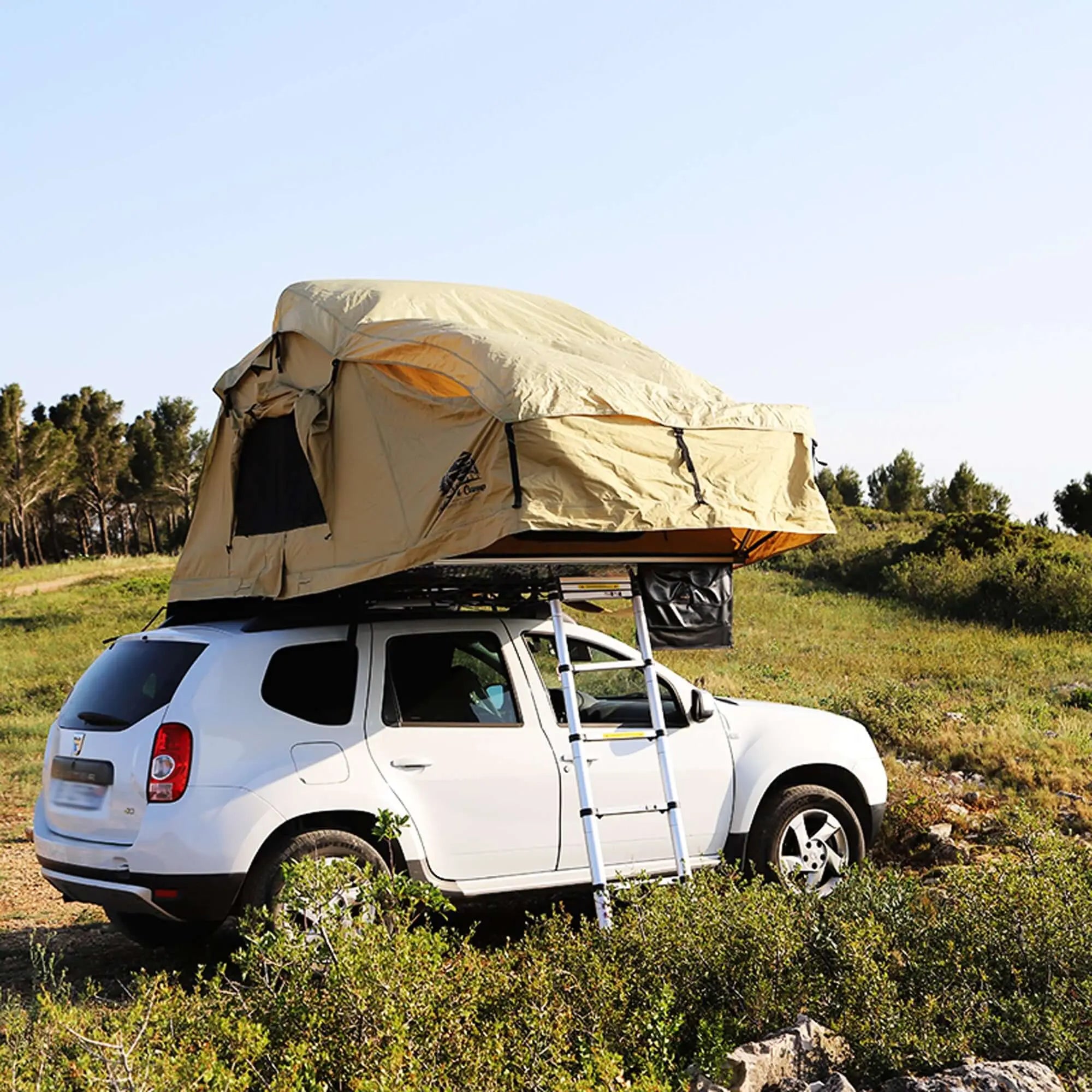 Car with roof tent setup for camping, ideal for 2-3 people, parked in a green field with ladder access.