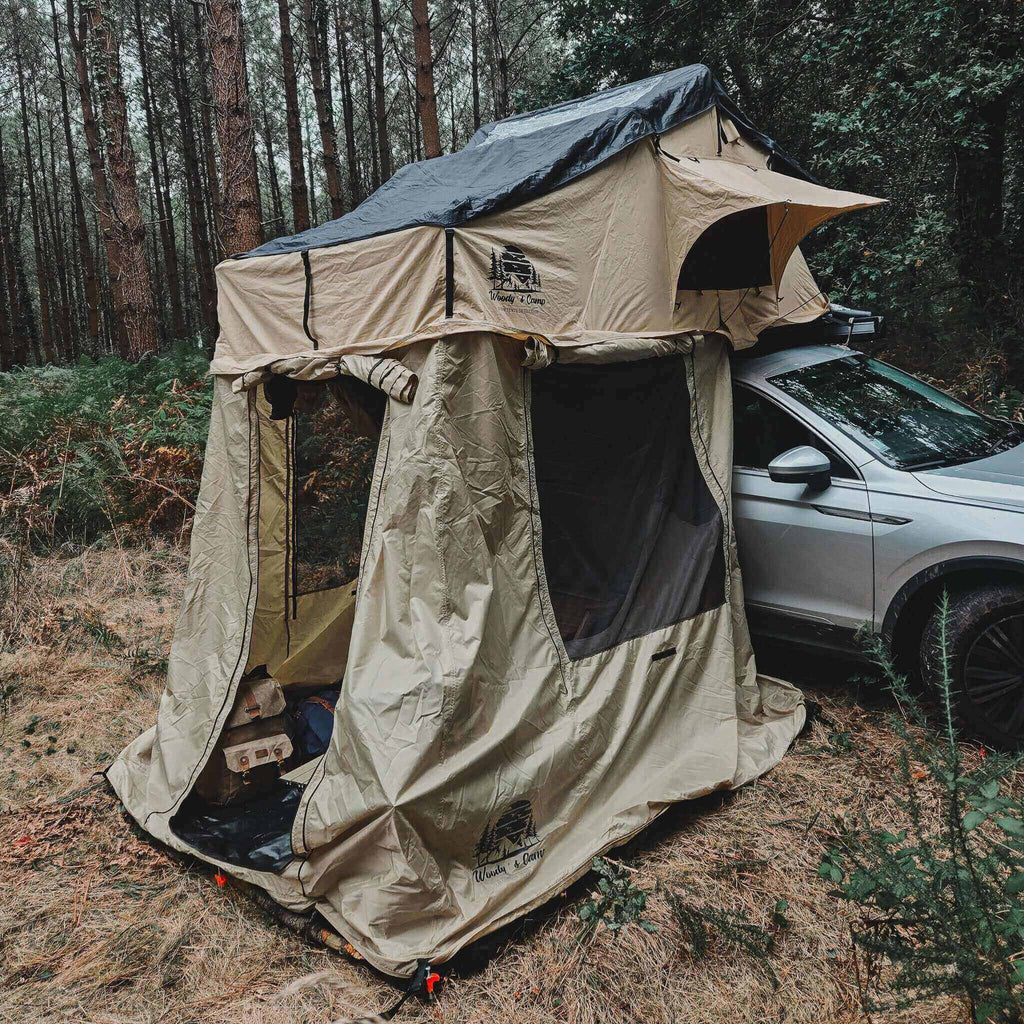 Softshell roof top tent annex for 2-3 people attached to car, pre-order 2025, 15% discount. Camping in forest setting.