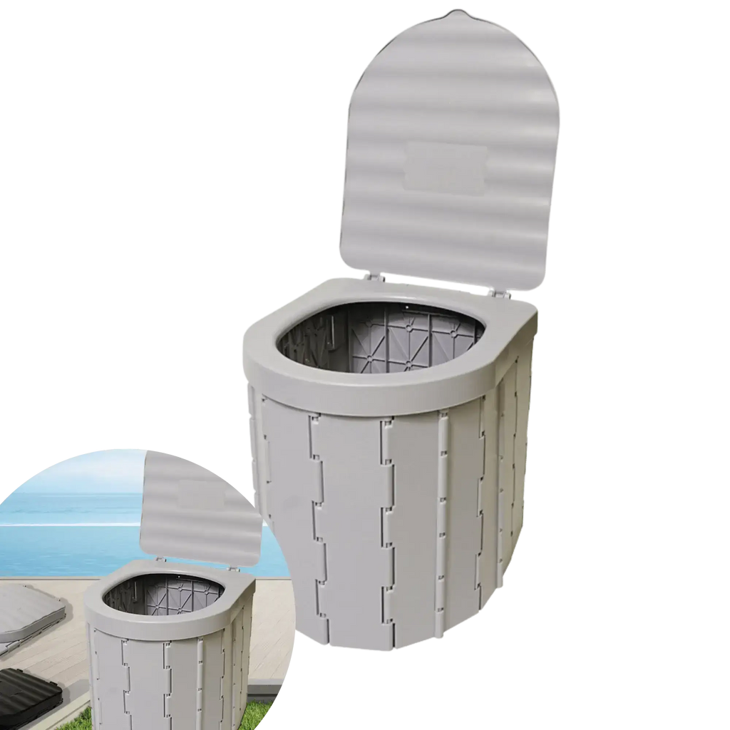 Pliable camping toilet for outdoor adventures, featuring a compact foldable design with a convenient carrying bag for easy transport.