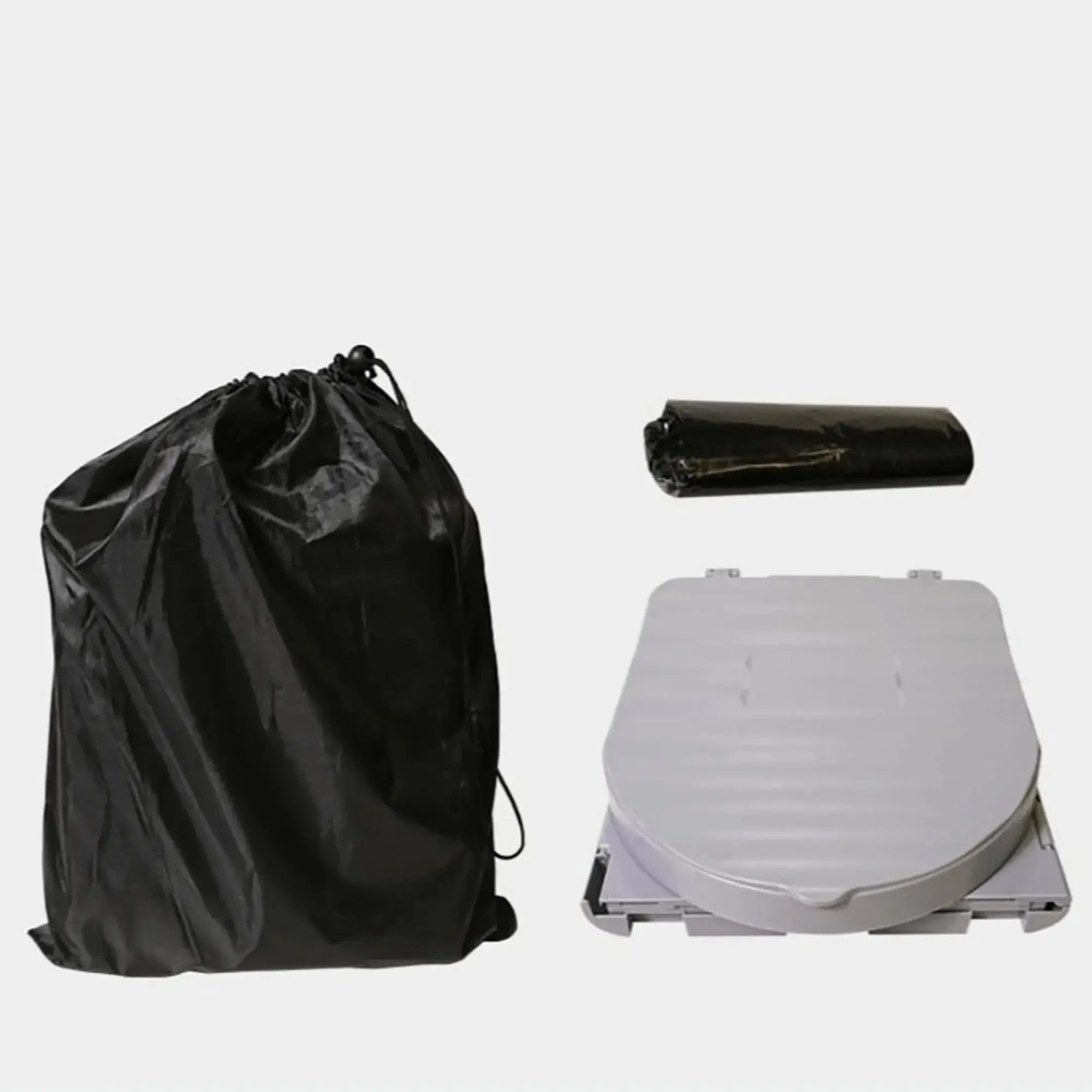 Pliable camping toilet with carry bag and liner, ideal for outdoor adventures and convenient portable hygiene solution.