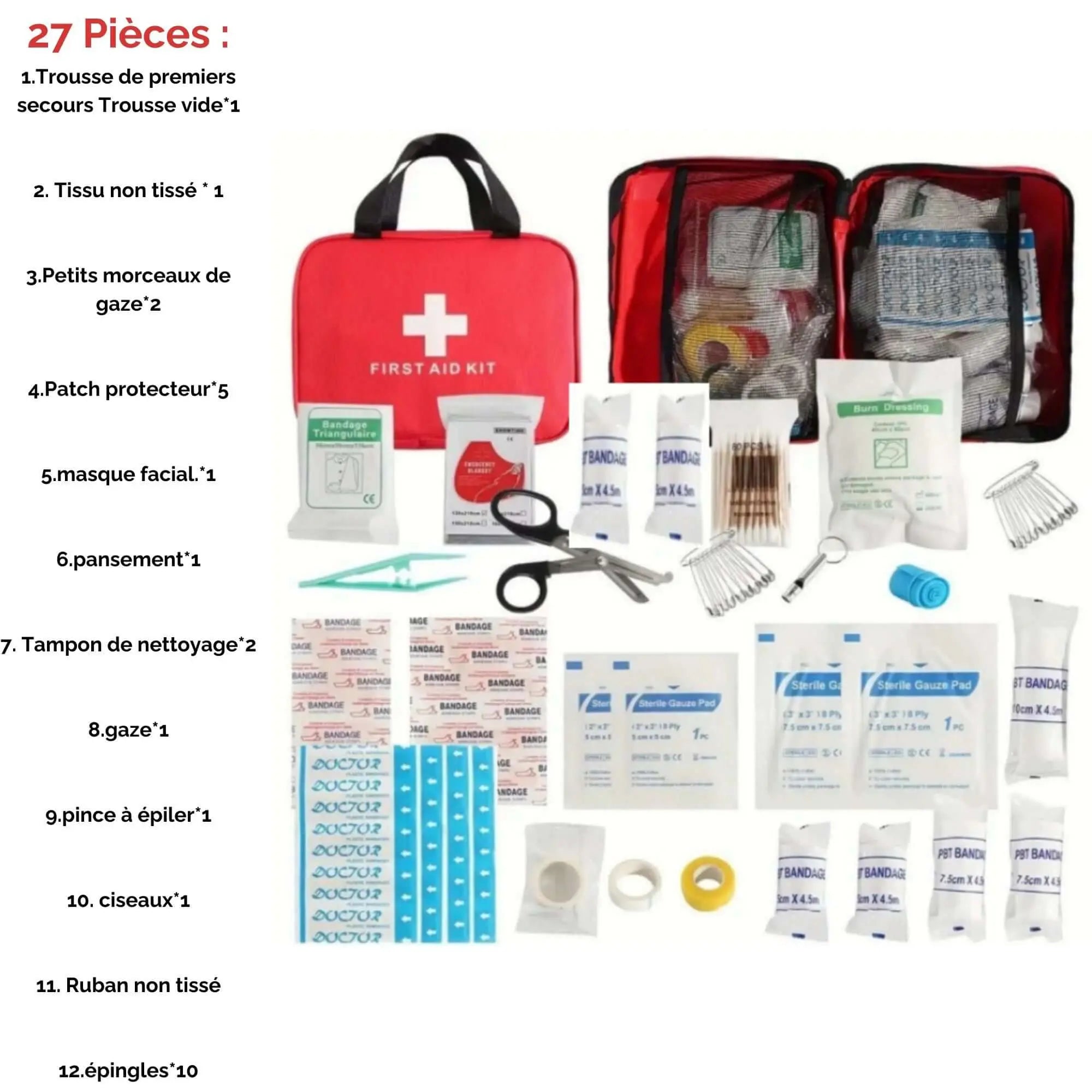 Kit de premiers secours avec 27 pièces, comprenant gaze, pansements, ciseaux, et autres outils essentiels pour urgence santé.