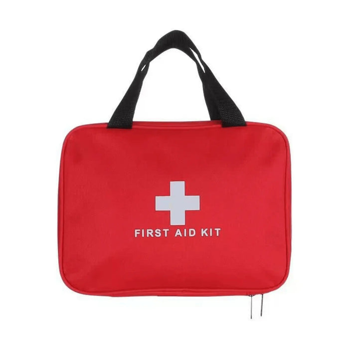 Trousse de premiers secours rouge avec poignée, idéale pour les urgences en camping et en voyage, avec une croix blanche et le texte 'Trousse de premiers secours'.
