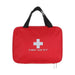 Trousse de premiers secours rouge avec poignée, idéale pour les urgences en camping et en voyage, avec une croix blanche et le texte 'Trousse de premiers secours'.