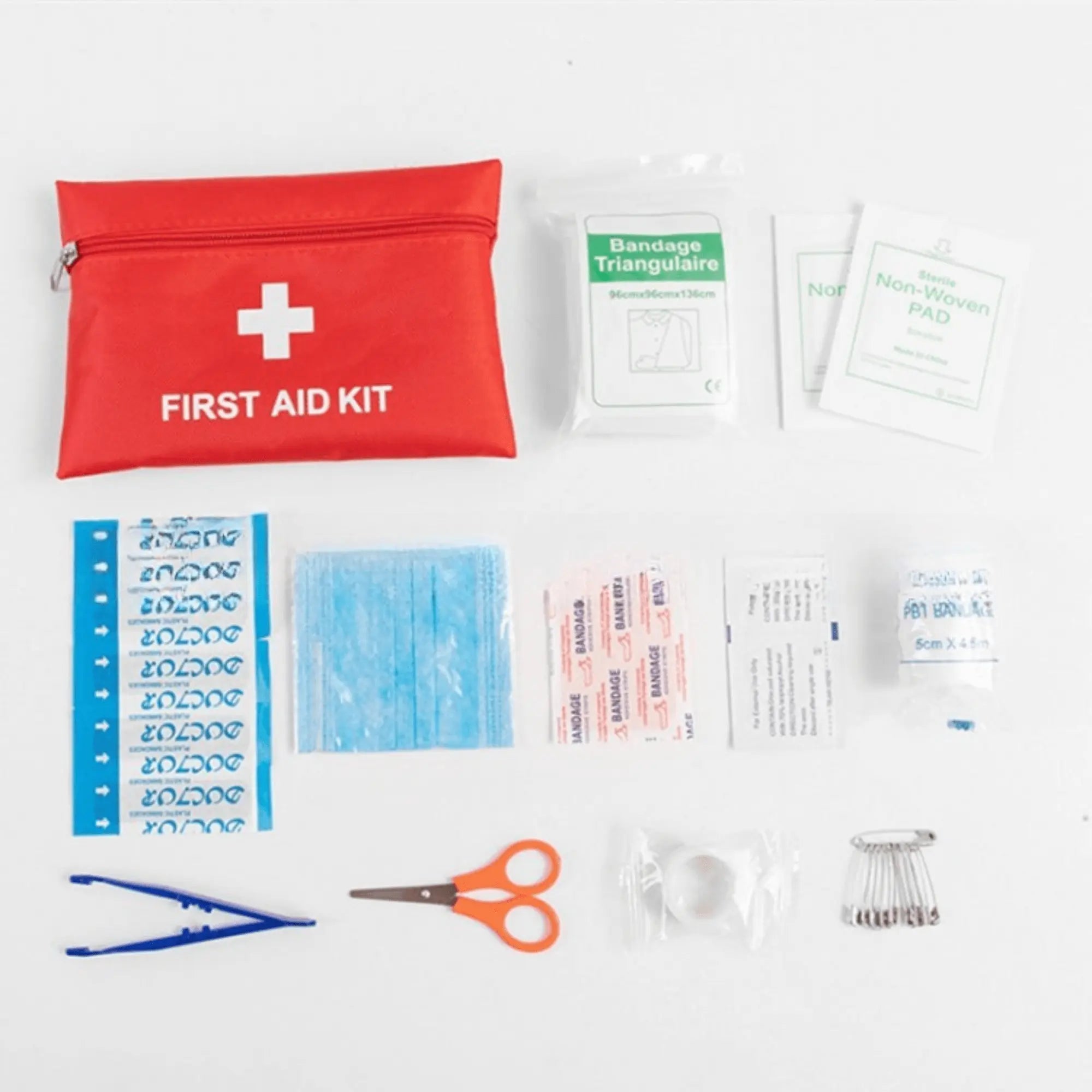 Emergency First Aid Kit with 173 pieces for camping and travel, includes bandages, scissors, tweezers, and more in a red case.