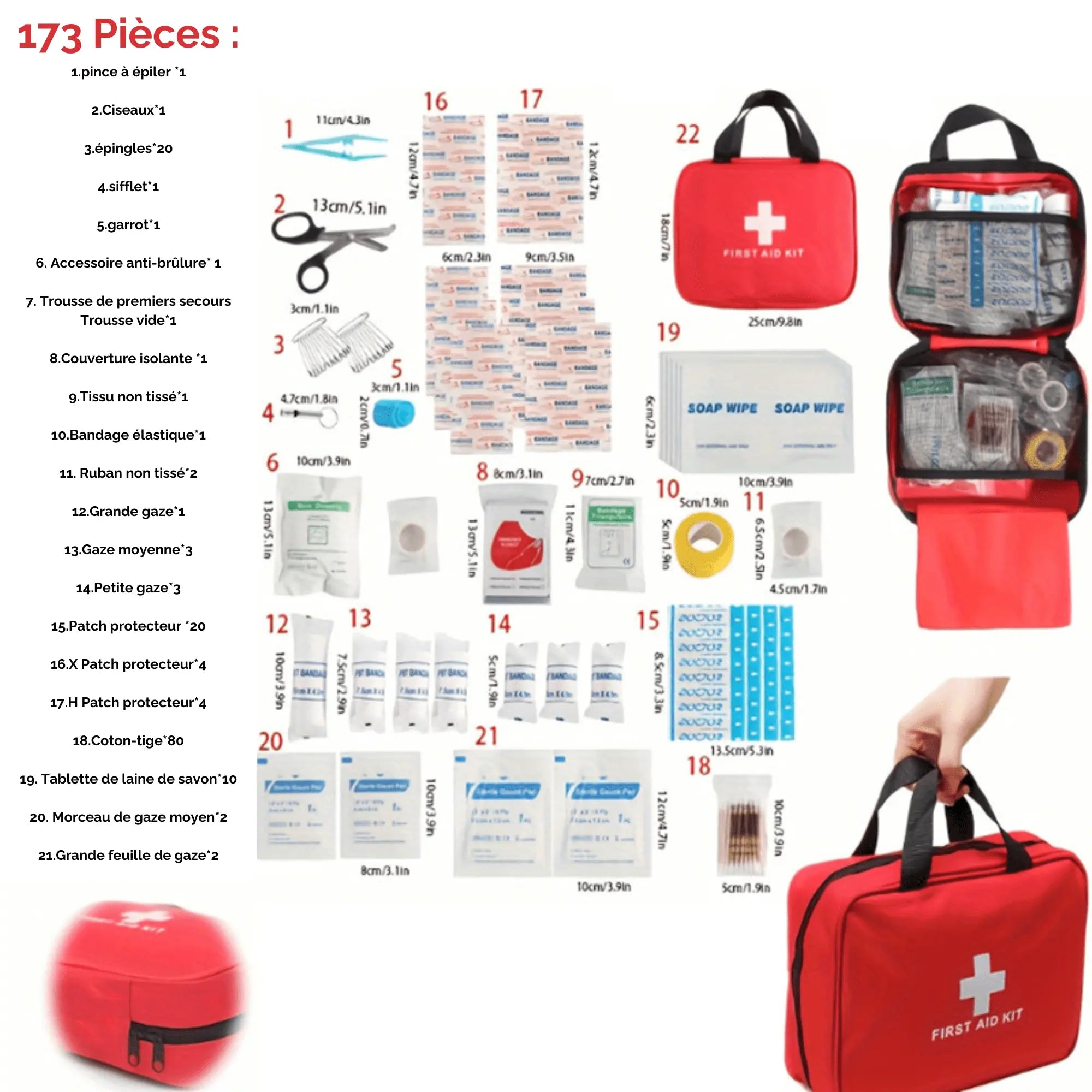 Trousse de secours portable avec 173 pièces, idéal pour camping et voyages, comprenant ciseaux, bandages, et accessoires.