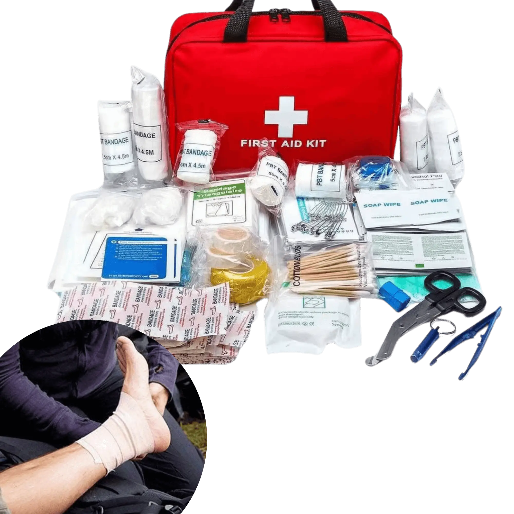 Trousse de secours d'urgence avec 173 pièces pour camping et voyage, comprenant pansements, bandages, et autres soins essentiels.