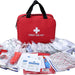 Trousse de secours d'urgence rouge ouverte avec 173 pièces médicales pour le camping, la randonnée et les voyages.