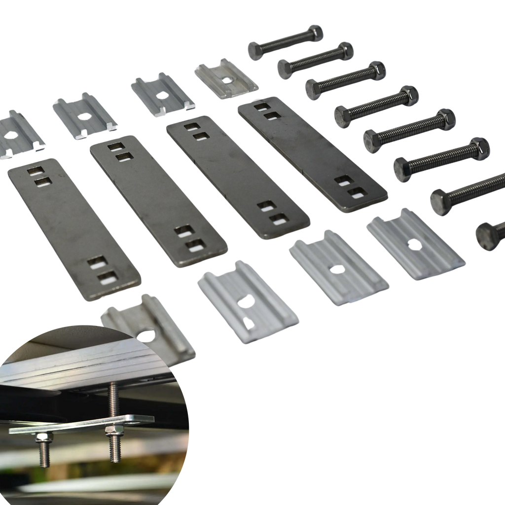 Kit Complet de Fixation Universelle pour Tente de Toit - 4 Plaques Aluminium + Vis Incluses
