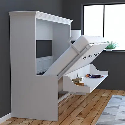 Horizontal Murphy Bed with Desk, Queen Size, White | Leto Muro